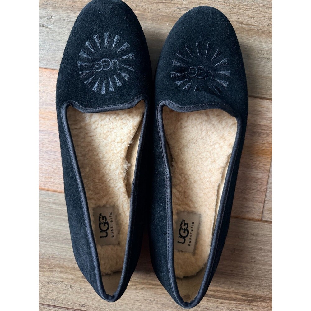UGG Australia Womens Alloway Sunburst Black Suede Shearling Flats Shoes Size 9